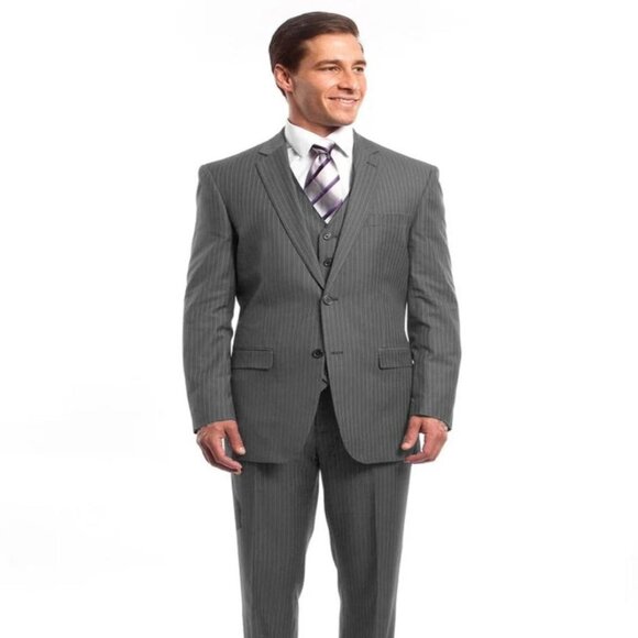 Light Grey Suit - Silver Gray Suit For Wedding - Men's Two Button Vested Busines - Picture 1 of 4